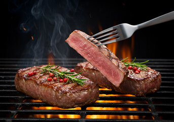 Sizzling grilled steaks with a juicy pink interior, adorned with aromatic rosemary on a fiery barbecue grill, creating an appetizing food scene."