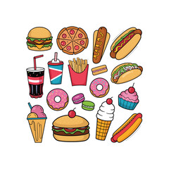 Cartoon Fast Food Icons Set – Burger, Pizza, Donut, Ice Cream & Soda