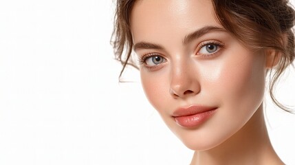 Naklejka premium Beautiful Woman Portrait with Radiant Skin and Care Routine