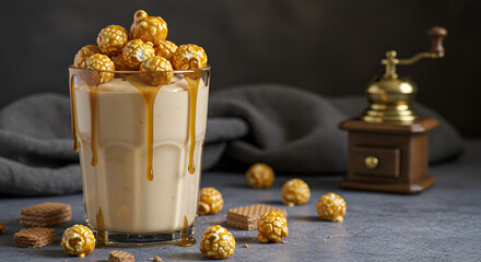 Cozy caramel-infused dessert with scattered popcorn, suited for stylish recipe showcases."