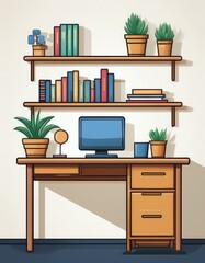 Cozy workspace featuring a desk, computer, books, and decorative plants.