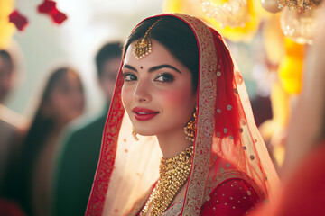 Traditional Indian wedding ceremony with bride and groom in elegant red and gold attire, surrounded by family and friends, festive decorations in the background.