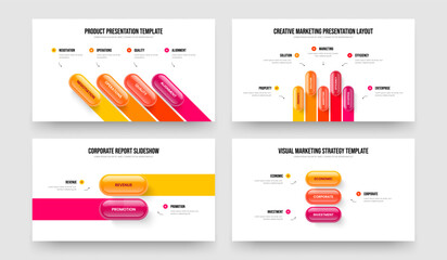 Enterprise Launch Four Five Two Three Element Diagram Slide Design Vector Illustration Bundle. Modern Visualization 4 5 2 3 Option Infographic Presentation Layout Collection.