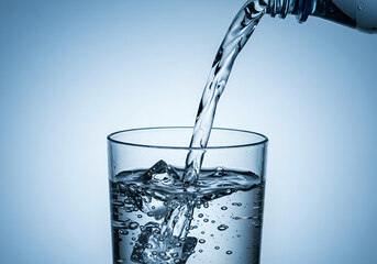 Crisp water pouring into a cool glass with icy texture, set in a refreshing indoor scene for hydration promotion
