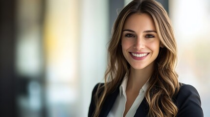 Confident businesswoman smiling, radiating professionalism and approachability in a modern office setting.
