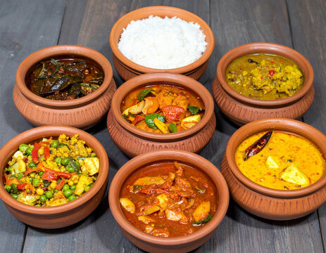 Spicy and aromatic Sri Lankan curries featuring fragrant rice and a variety of colorful fresh vegetable dishes are beautifully presented in traditional rustic clay pots, showcasing the flavorful and d