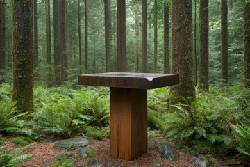 Rustic wooden table in a lush forest setting.