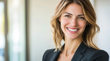 Confident businesswoman smiling, radiating professionalism and approachability in a modern office setting.
