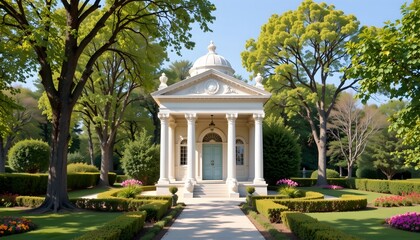 an architecturally elegant structure with classical design elements, set in a serene garden landscape