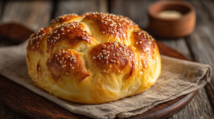 Delicious golden brown sesame seed bread on a wooden platter for food photography