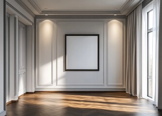 Modern. empty interior of a high-rise apartment showcasing sleek design elements. warm lighting. and a blank canvas wall. with a city skyline visible through large windows