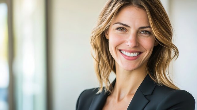 Confident businesswoman smiling, radiating professionalism and approachability in a modern office setting.
