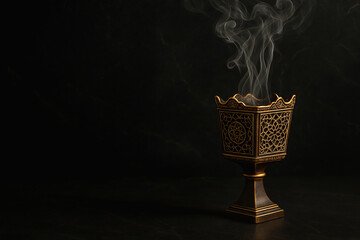 Traditional Arabian Incense Burner with Smoke on Dark Background. Generative AI