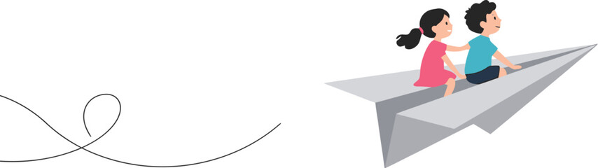 Obraz premium Boy and Girl on Paper Airplane - Minimalist Vector