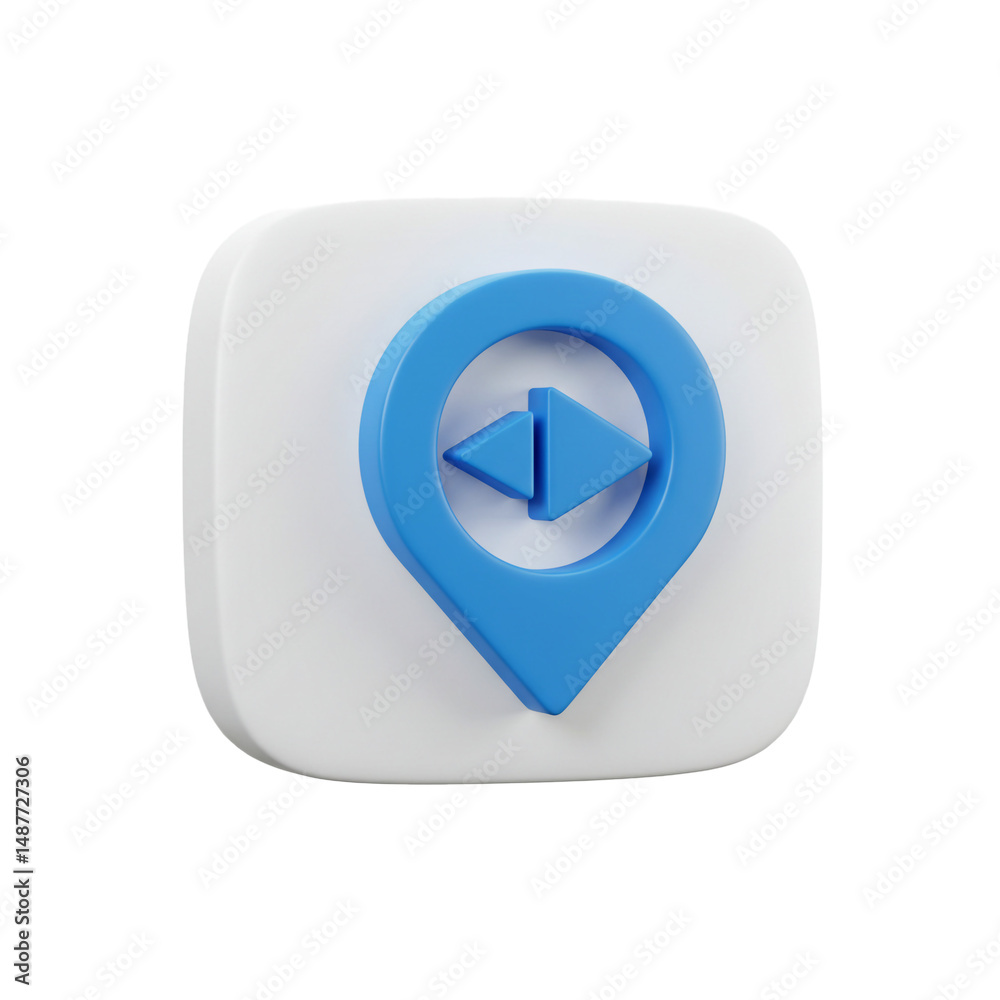 Fototapete 3D Rendered Location Pointer with Play Back Arrow Icon Symbol, Glossy Blue Pin Point on White Square for Navigation Apps and Interfaces