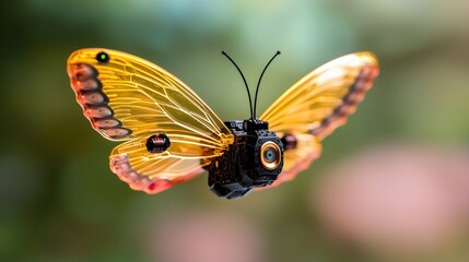 Obraz premium the nano butterfly robots are designed with intricate wings that flap delicately, mimicking the graceful flight of real butterflies as they navigate through landscapes with precision and agility.