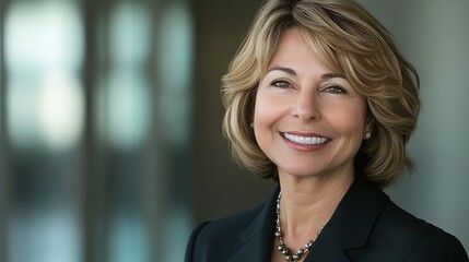 Confident businesswoman smiling, radiating professionalism and approachability in a modern office setting.
