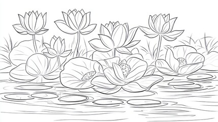 Fototapeta premium Line drawing of lotus flowers in a pond