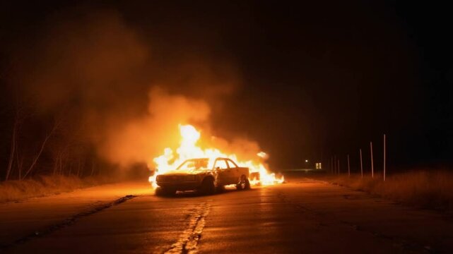 A car on fire on the street at night