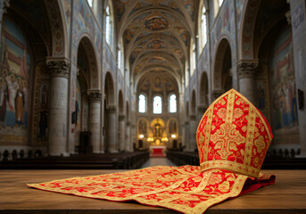 Ornate bishop mitre on vibrant red fabric, set against a sacred cathedral interior, capturing a serene liturgical scene in a traditional religious setting."