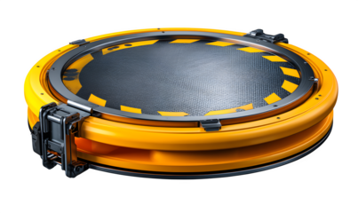 Drone landing pad with foldable frame and reflective surface, aerial perspective angle, isolated to transparent background