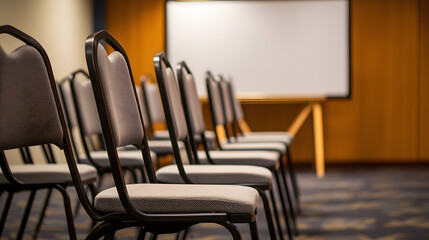 Classroom setup seminar room image soft focus perspective chairs facing whiteboard