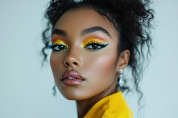 Fototapeta premium Close-up beauty shot of a woman with creative colorful eyeshadow, isolated on a white seamless background with refined lighting