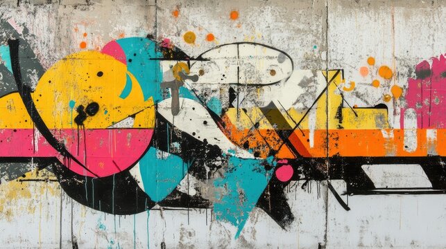Vibrant abstract graffiti art on a textured wall, featuring bold colors, geometric shapes, and drips