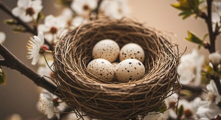 Obraz premium Four speckled eggs nestled securely in a woven bird's nest among delicate blossoms