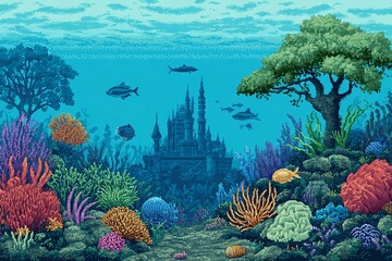 Underwater scene with coral fish castle and plants in a blue ocean.