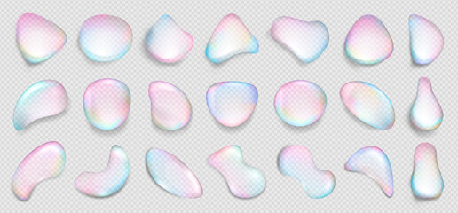 Transparent bubble water, glossy liquid soap splash, crystal clear 3d mirror ball, shiny fluid drop and glass shape with holographic gradient color or iridescent rainbow light. Nature air balloon icon