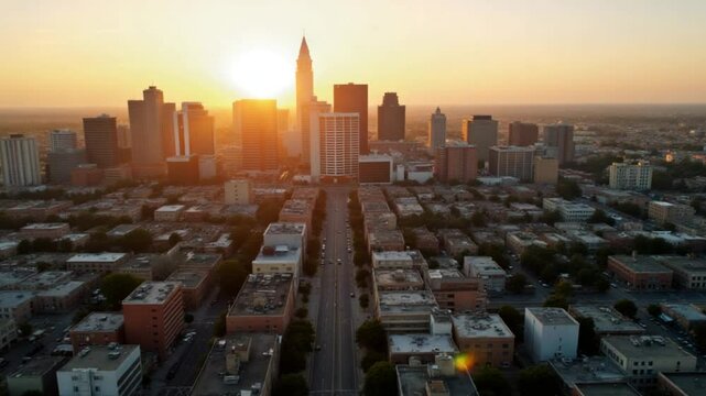 Densely built architecture of beautiful Sacramento in the rays of sun. Drone footage over the city at daytime. Vertical