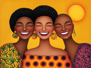 Fototapeta premium Three joyful women expressing happiness with bright smiles in a vibrant setting celebrating friendship warmth and cultural identity against a bold yellow background radiating positivity