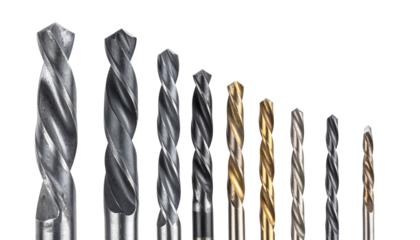 A set of variously sized drill bits arranged upright in a row.