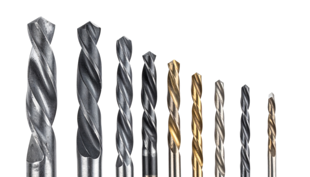 A set of variously sized drill bits arranged upright in a row.
