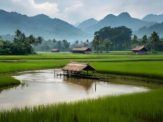 Fototapeta premium Rural landscape with canals and green grass and rice fields with mountains in the background.