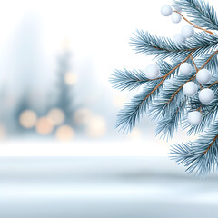 Winter snowy pine Christmas tree scenery Fir branches adorned with hoar frost create a Wonderland The wintry season is approaching for the New Year Serene blurred snowflakes form a winter background