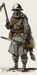 Obraz premium A 1800s-era soldier stands ready, dressed in dark grey uniform and metal plate armor, holding a large two-handed axe and poised for battle.