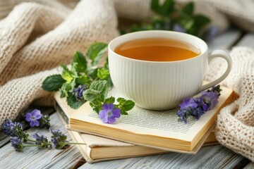 Cozy tea time with books and flowers