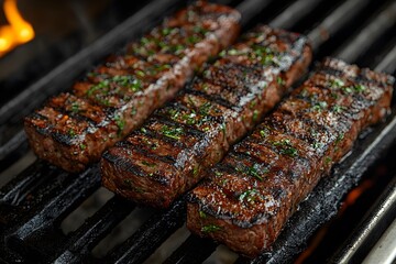 Grilled BBQ Steaks: Perfectly Seasoned Juicy Meat on Hot Charcoal Grill for Outdoor Cooking