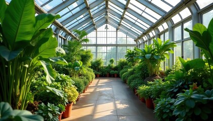 Spacious glass greenhouse with thriving plants, green, spring