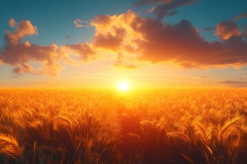Golden Sunset Over Wheat Field - Tranquil Nature Scene for Print or Poster Design