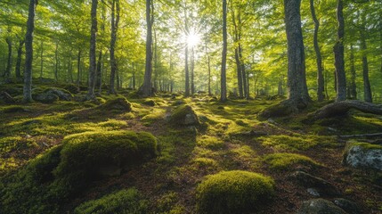 Fototapeta premium Sunlit Forest Path: A Mossy Meadow bathed in Golden Light