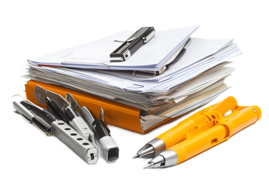Pile of paperwork and files, on white or transparent background 
