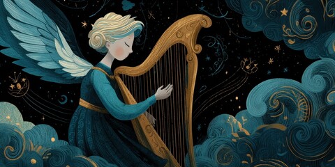 Celestial harp playing angel in a dreamlike scene
