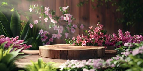 A serene scene of a wooden table set amidst lush greenery, adorned with pink flowers and surrounded by vibrant blooms, evoking a tranquil atmosphere.