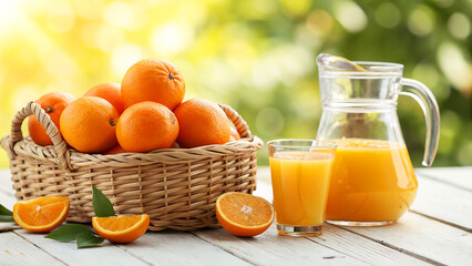 Oranges in wicker basket with Orange juice and some oranges on table , Orange wicker in basket in Natural Background