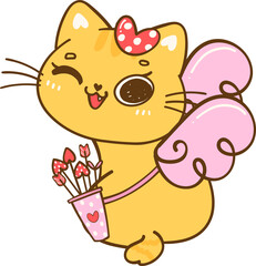 Cute Cupid Kawaii Valentine Orange Cat winking eye Cartoon Doodle hand Drawing