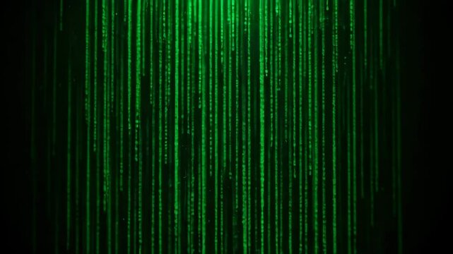 Glowing green binary characters cascading on a dark background  
