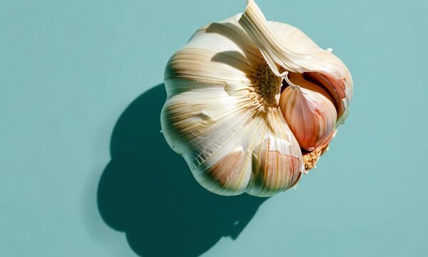 Close-up of a whole garlic bulb casting a shadow on a light blue background, showcasing its natural texture and rustic culinary appeal.
